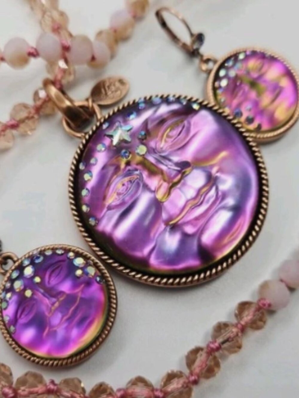 Kirks Folly Mystic Iridis Seaview Moon Compass Pendant Earrings Necklace 3pc Lot